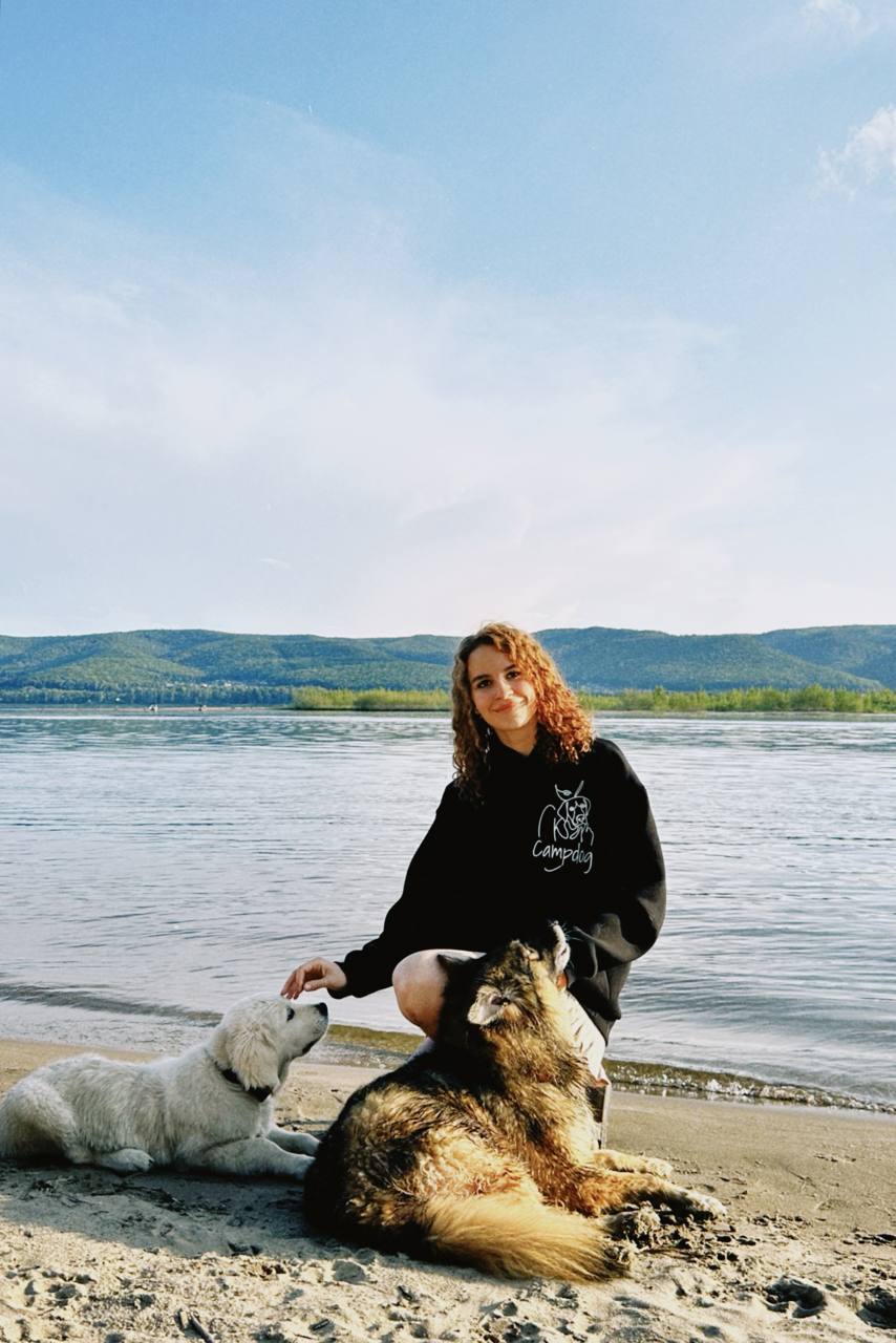 Алиса с собаками на берегу